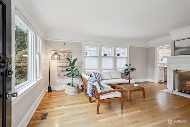 living room featuring a fireplace, light wood-type flooring, and plenty of natural light