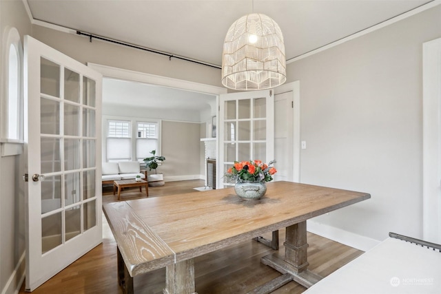 dining room with dark wood-type flooring and french doors