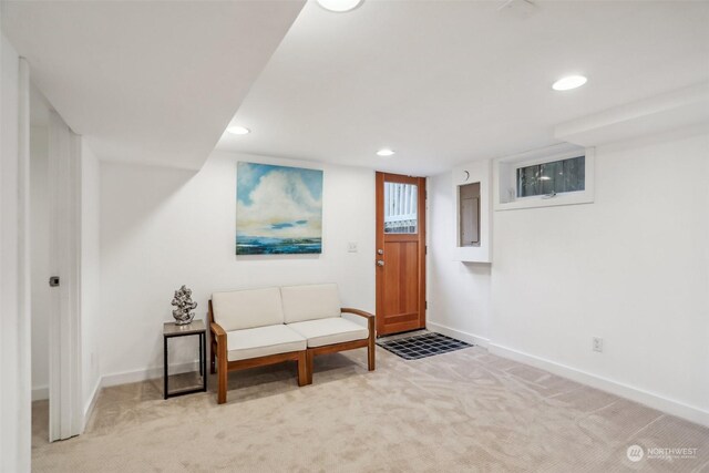 living area featuring light colored carpet