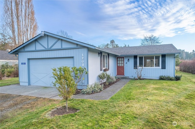 single story home featuring a front yard and a garage