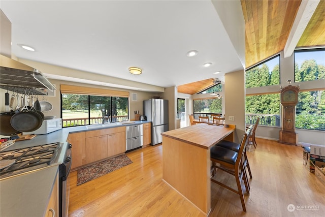 kitchen with vaulted ceiling with beams, stainless steel appliances, butcher block countertops, and plenty of natural light