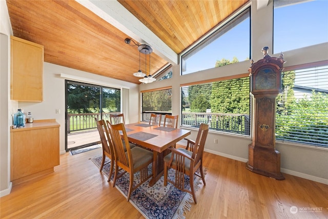 dining area with light wood-type flooring, vaulted ceiling, and wood ceiling