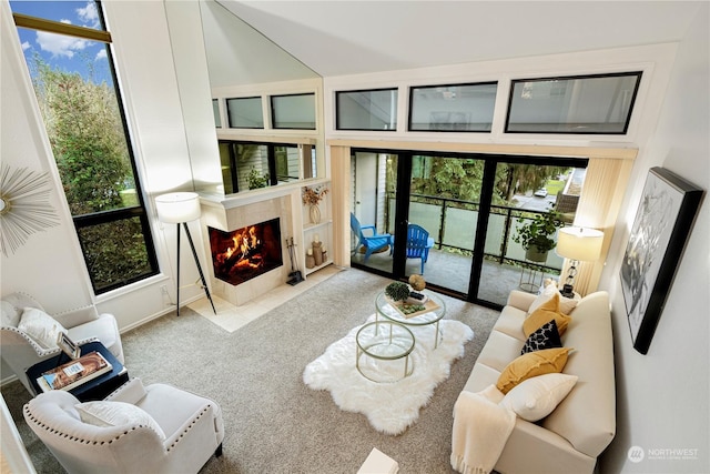 carpeted living room with a fireplace and plenty of natural light