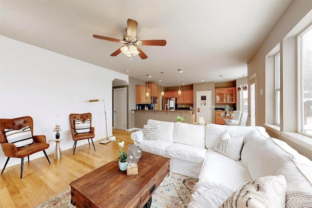 living room with ceiling fan and light wood-type flooring