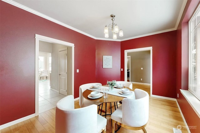 dining room with a notable chandelier, crown molding, light hardwood / wood-style flooring, and a healthy amount of sunlight