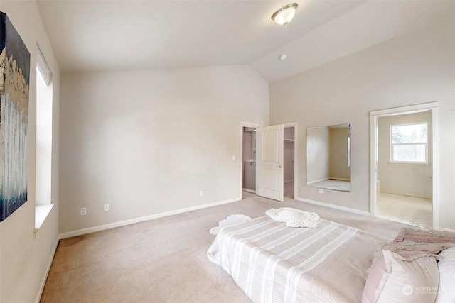 bedroom featuring lofted ceiling, a spacious closet, light colored carpet, and a closet