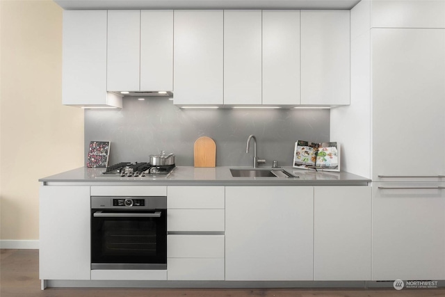 kitchen featuring sink, white cabinetry, stainless steel appliances, tasteful backsplash, and wood-type flooring