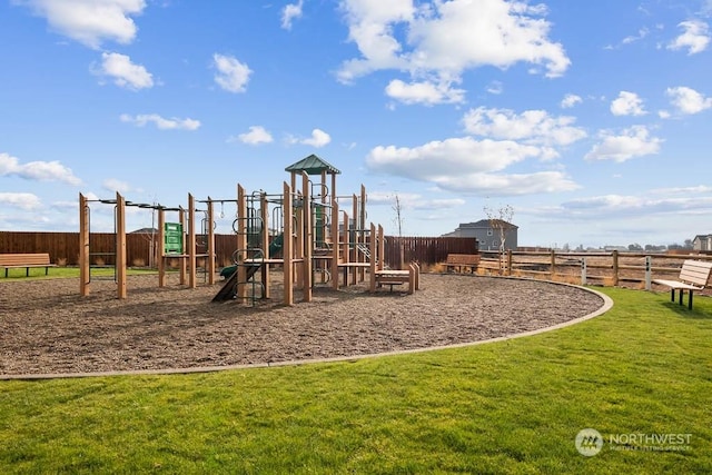 view of jungle gym with a yard