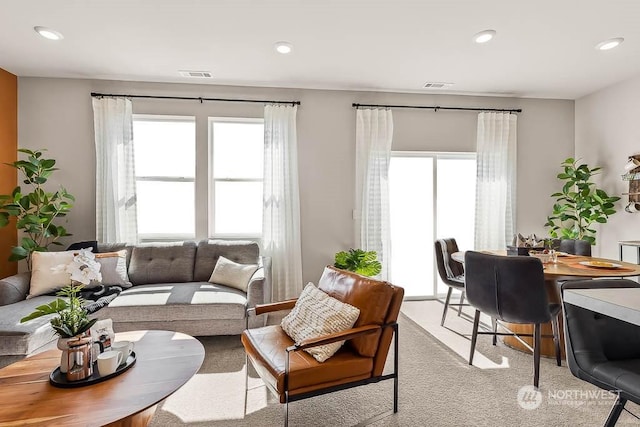 living room with light colored carpet and a wealth of natural light