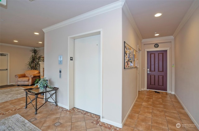 hall featuring ornamental molding, elevator, and light tile patterned flooring