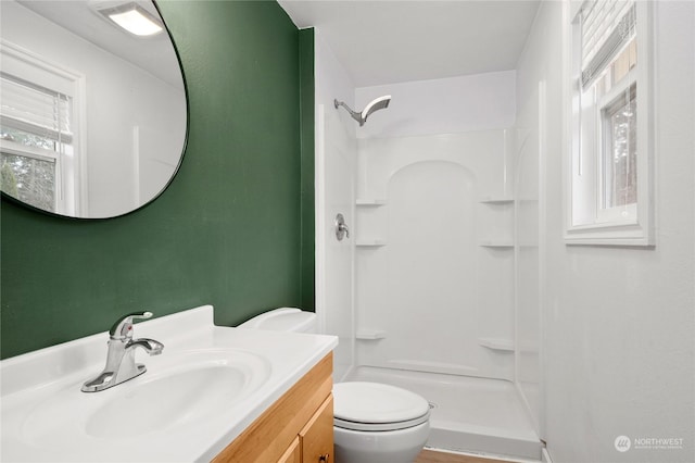 bathroom with toilet, a wealth of natural light, walk in shower, and vanity