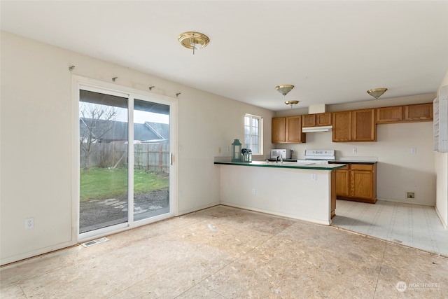 kitchen with kitchen peninsula and white range with electric stovetop