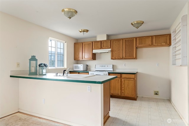 kitchen featuring white appliances, sink, and kitchen peninsula