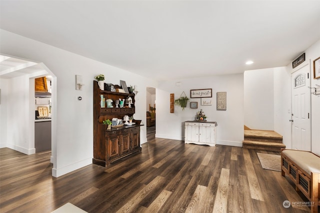 interior space with dark wood-type flooring