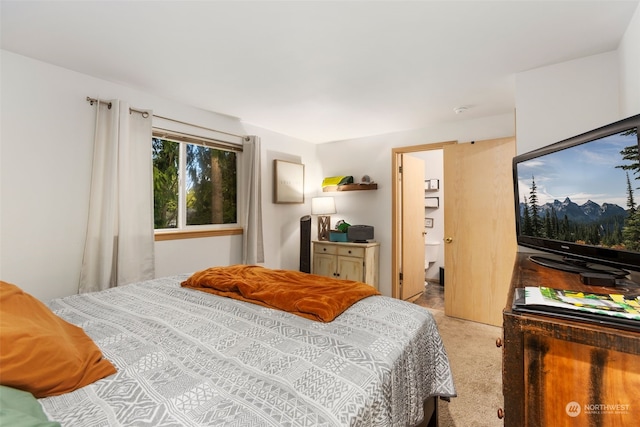 bedroom featuring light carpet