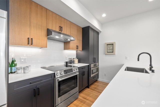 kitchen featuring decorative backsplash, sink, stainless steel appliances, and light hardwood / wood-style flooring