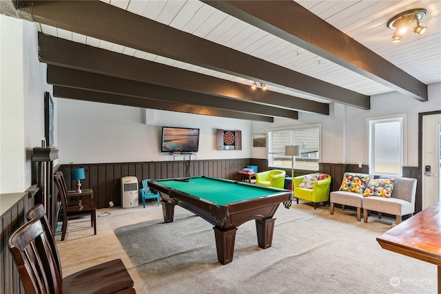 playroom with pool table, light colored carpet, beam ceiling, and wooden walls