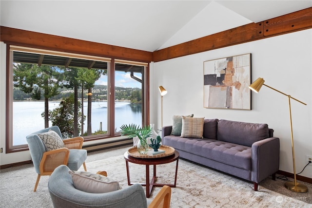 living room with vaulted ceiling, a water view, a baseboard heating unit, and light colored carpet