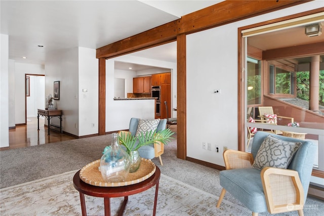 living room featuring light carpet