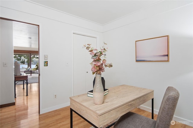 office space featuring crown molding and light hardwood / wood-style flooring