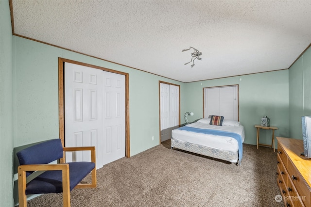 bedroom with crown molding, carpet flooring, and a textured ceiling