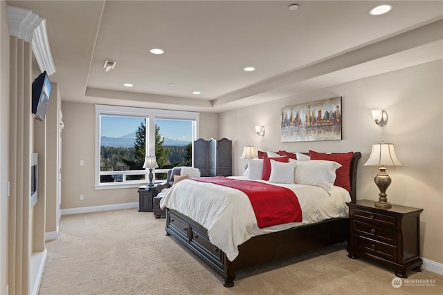 carpeted bedroom with a tray ceiling