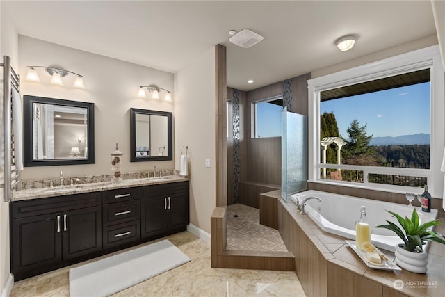 bathroom featuring vanity and separate shower and tub