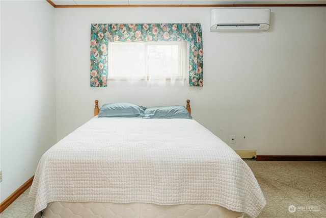 carpeted bedroom featuring a wall unit AC and ornamental molding