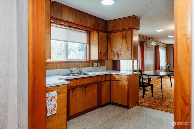 kitchen with sink, a healthy amount of sunlight, light carpet, and an AC wall unit