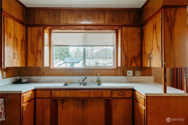 kitchen with wooden walls and sink