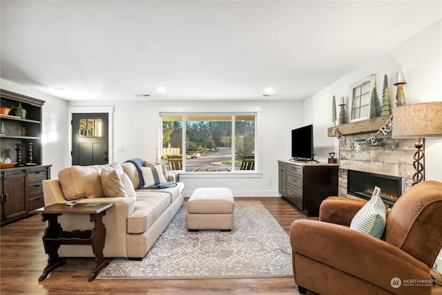 living room featuring a fireplace and hardwood / wood-style floors