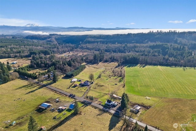 drone / aerial view with a mountain view and a rural view