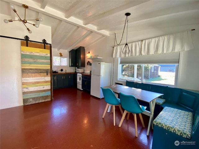 dining area with a barn door and lofted ceiling with beams