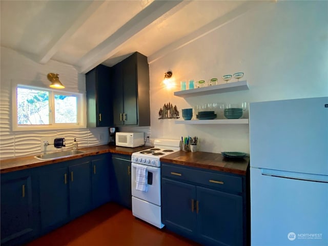 kitchen featuring white appliances, butcher block counters, blue cabinets, beamed ceiling, and sink