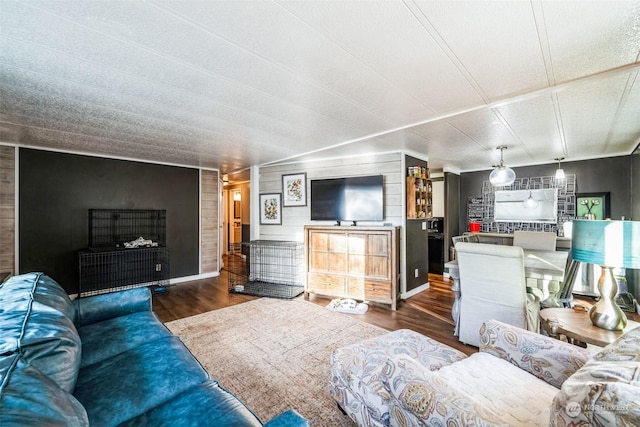 living room featuring wood walls and dark wood-type flooring