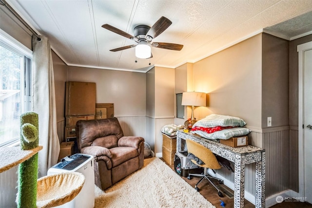 living area featuring ceiling fan, crown molding, and a textured ceiling