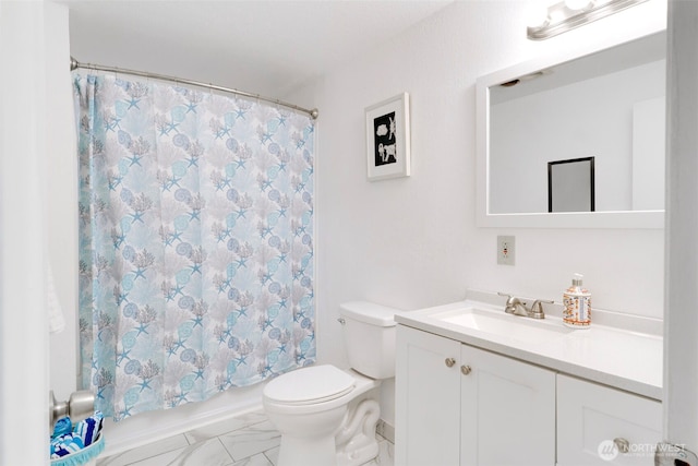 full bathroom with shower / bath combo, marble finish floor, vanity, and toilet