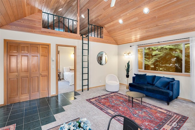 carpeted living room featuring wooden ceiling and high vaulted ceiling