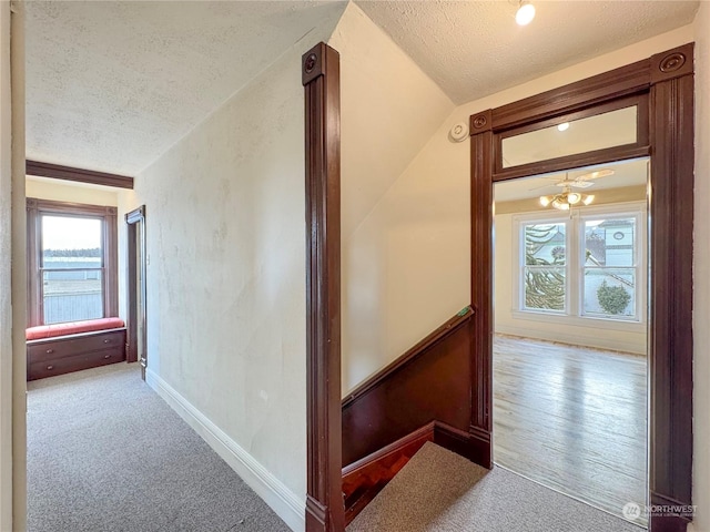 corridor featuring lofted ceiling, a textured ceiling, and carpet