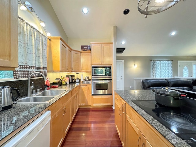 kitchen featuring appliances with stainless steel finishes, dark hardwood / wood-style flooring, light brown cabinets, sink, and backsplash