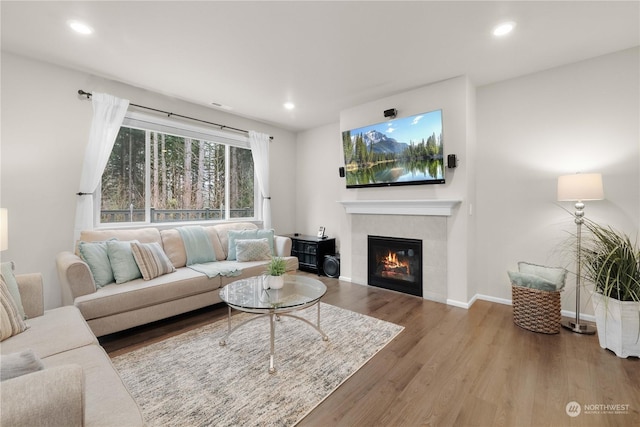 living room featuring a tile fireplace and hardwood / wood-style floors