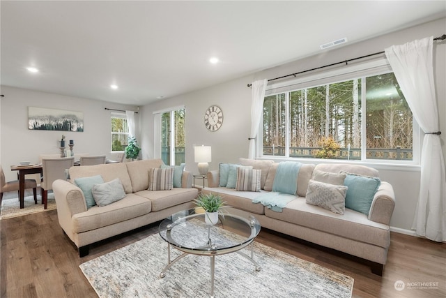 living room with a healthy amount of sunlight and dark hardwood / wood-style flooring