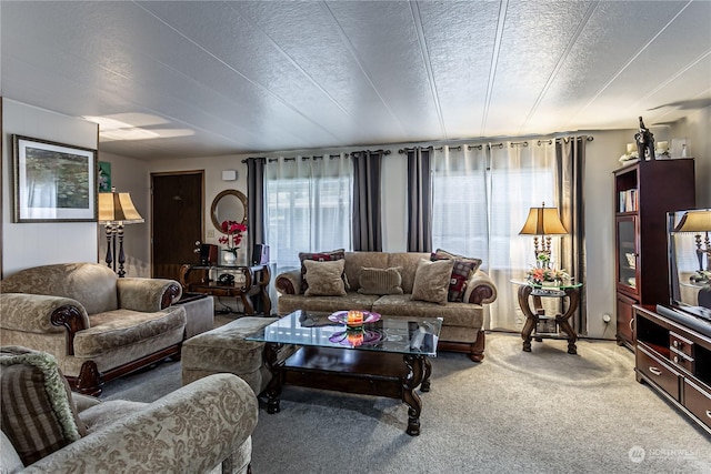 carpeted living room with a textured ceiling