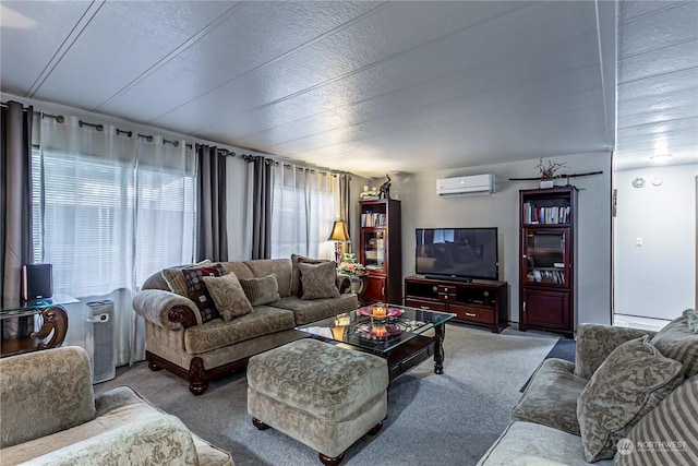 living room featuring carpet flooring and a wall mounted AC