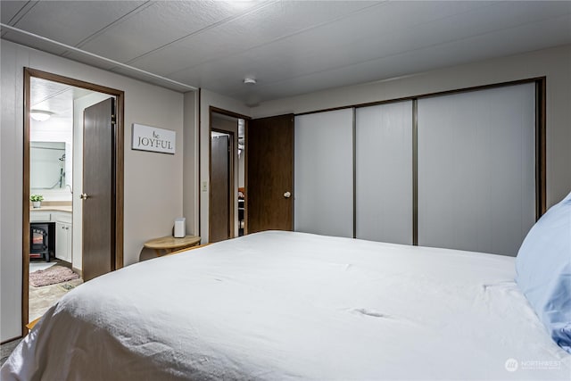 bedroom with a wood stove, ensuite bath, and a closet