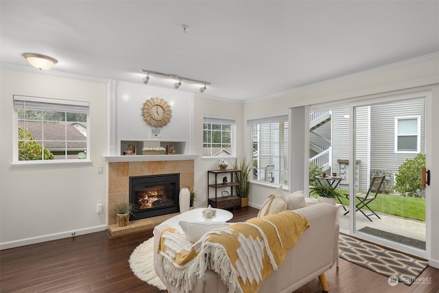 living room featuring dark hardwood / wood-style flooring, ornamental molding, and a tiled fireplace