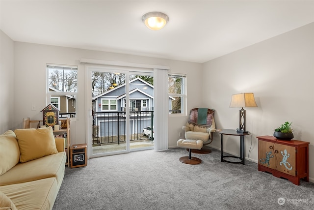 living area featuring a wealth of natural light and carpet