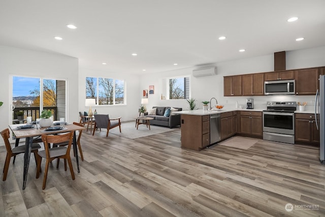 kitchen with kitchen peninsula, a healthy amount of sunlight, appliances with stainless steel finishes, a wall mounted air conditioner, and sink