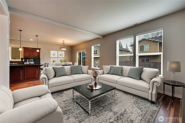 living room with dark hardwood / wood-style flooring