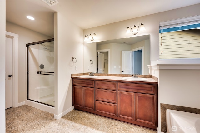 bathroom featuring separate shower and tub and vanity